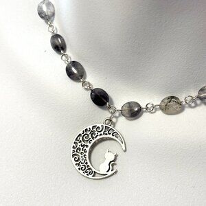 Genuine Grey Tourmalinated Quartz Short Necklace, Gemstone w/ Cat on the Moon